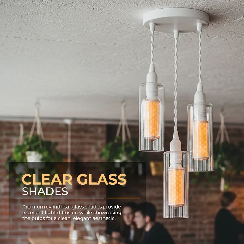 3-flammiges Pendelleuchten-Set aus klarem Glas, E14-LED, 1 m weißes Kabel~3772