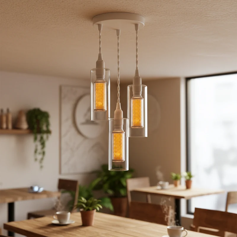3-flammiges Pendelleuchten-Set aus klarem Glas, E14-LED, 1 m weißes Kabel~3772