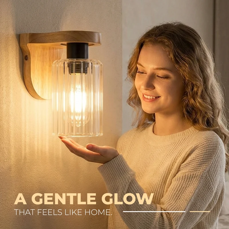 Wandleuchte aus Holz mit E27-Fassung und geripptem Glas – Vintage-Lampe für den Innenbereich~3696