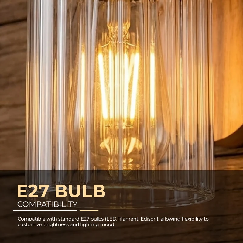 Wandleuchte aus Holz mit E27-Fassung und geripptem Glas – Vintage-Lampe für den Innenbereich~3696