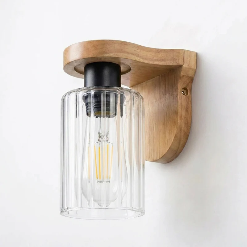 Wandleuchte aus Holz mit E27-Fassung und geripptem Glas – Vintage-Lampe für den Innenbereich~3696
