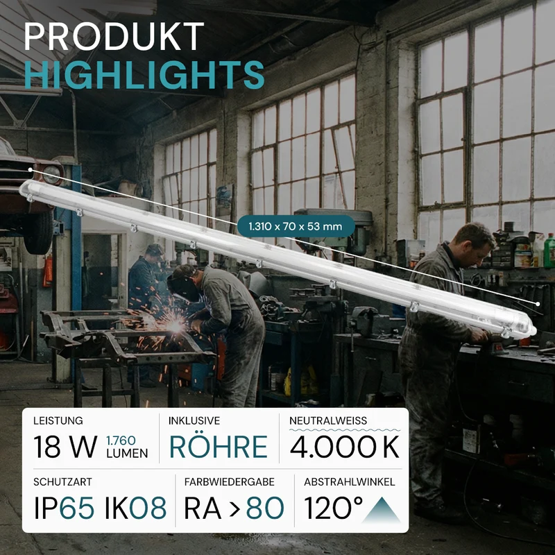 LED Wannenleuchte 120 cm, inkl 1x18W LED-Röhren T8, 4000K, IP65, IK08