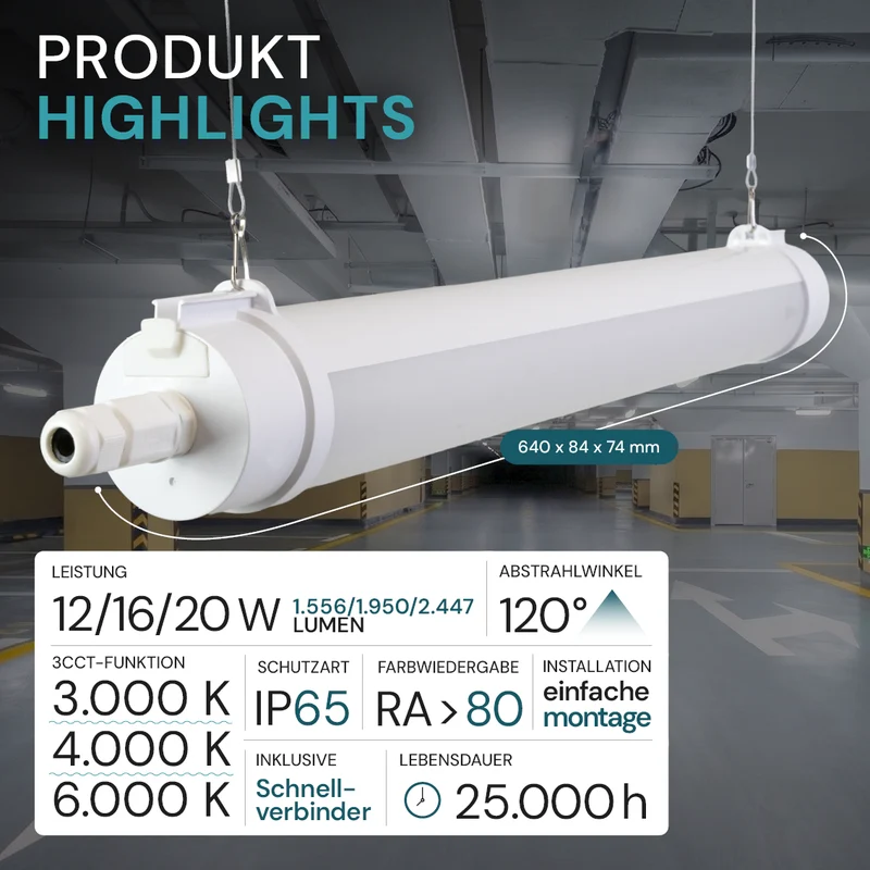 LED Feuchtraumleuchte, 60 cm, 20W-16W-12W einstellbar, max. 2447 lm, 3CCT,IP65, IK08, rund, durchschleifbar