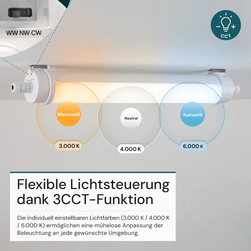 LED Feuchtraumleuchte, 60 cm, 20W-16W-12W einstellbar, max. 2447 lm, 3CCT,IP65, IK08, rund, durchschleifbar