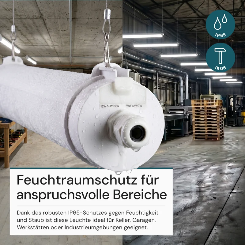 LED Feuchtraumleuchte, 60 cm, 20W-16W-12W einstellbar, max. 2447 lm, 3CCT,IP65, IK08, rund, durchschleifbar