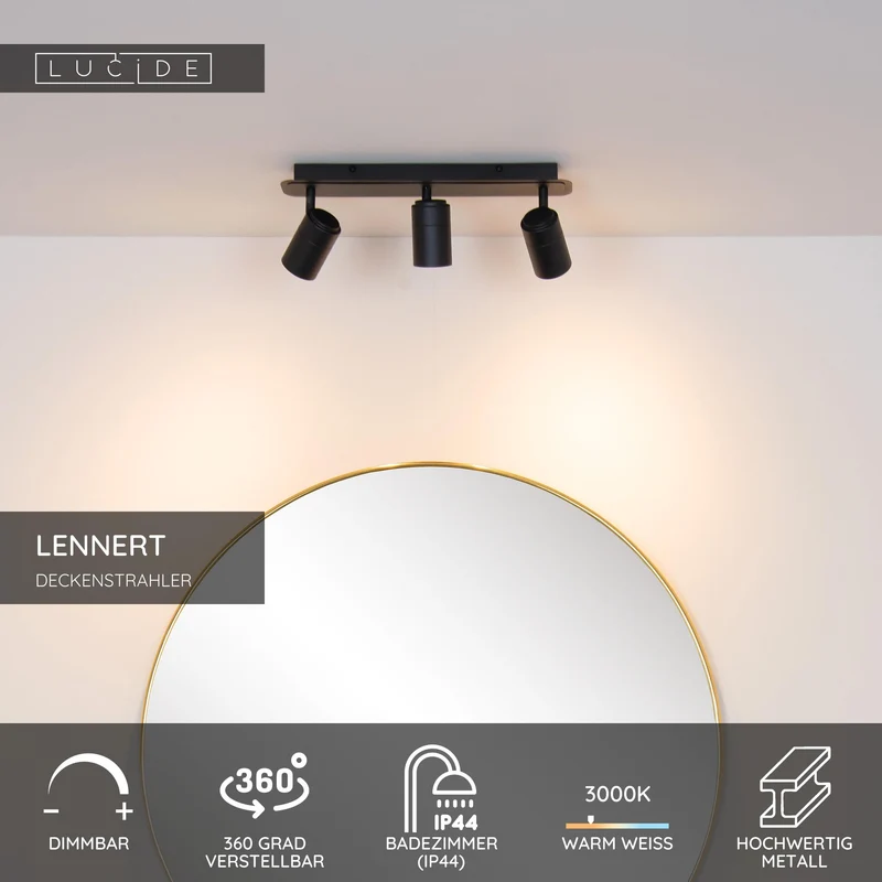 LED-Bad-Deckenspot Lennert 3-flammig dimmbar IP44 Schwarz