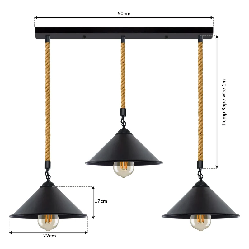 3-flammige Hanfseil-Hängelampe im Bauernhaus-Stil-Nachhaltig ~3780