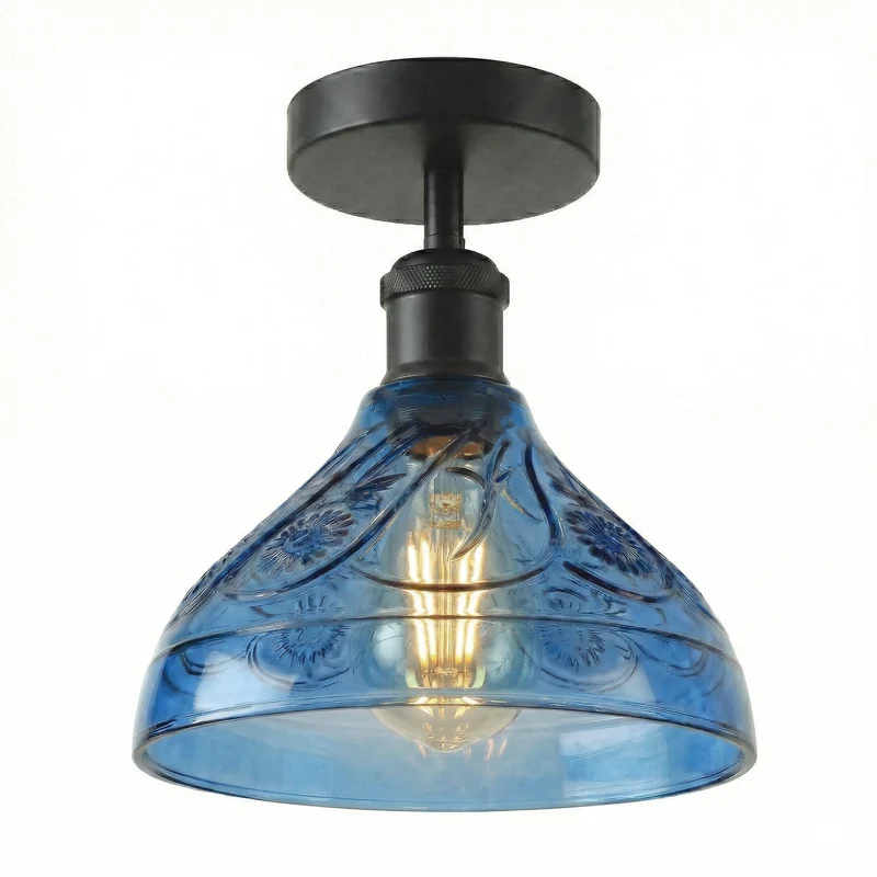 Vintage Deckenleuchte E27 Bunte Reliefglas - Retro Halbbündig Deckenlampe ~3659