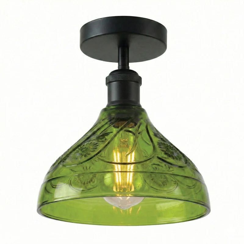 Vintage Deckenleuchte E27 Bunte Reliefglas - Retro Halbbündig Deckenlampe ~3659