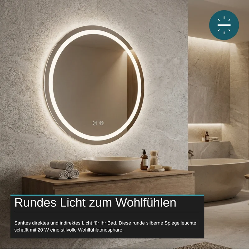 LED Spiegelleuchte, 20 W, 232 lm, ⌀600mm, 3CCT, Touchdimmer, Anti-Beschlag, silber