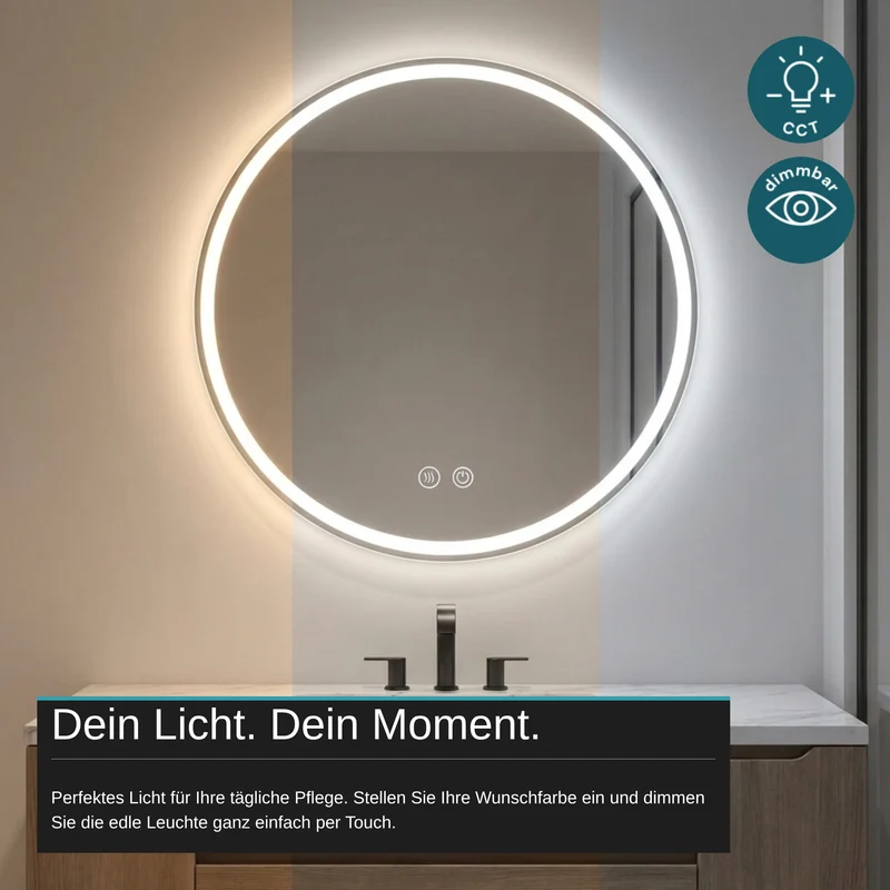 LED Spiegelleuchte, 20 W, 232 lm, ⌀600mm, 3CCT, Touchdimmer, Anti-Beschlag, silber