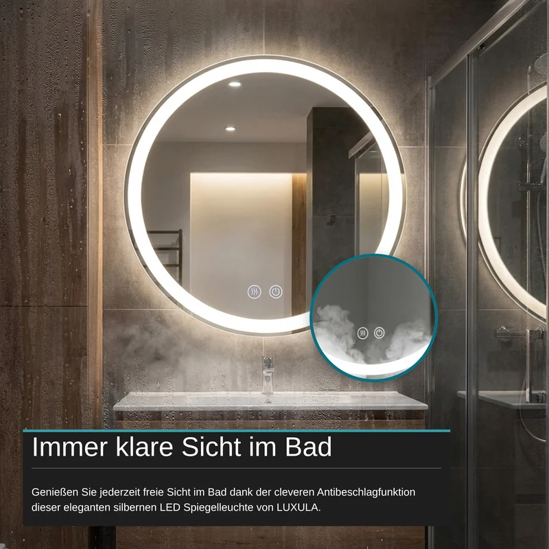 LED Spiegelleuchte, 20 W, 232 lm, ⌀600mm, 3CCT, Touchdimmer, Anti-Beschlag, silber
