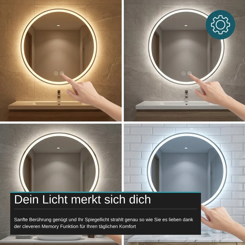 LED Spiegelleuchte, 20 W, 232 lm, ⌀600mm, 3CCT, Touchdimmer, Anti-Beschlag, silber