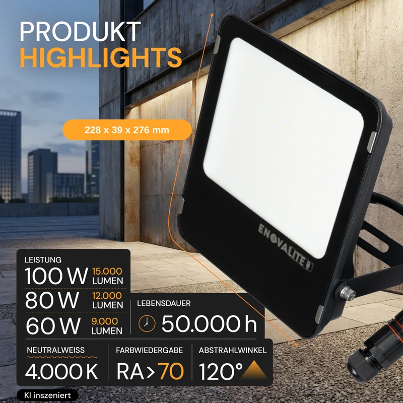 LED Fluter PRO mit einstellbarer Leistung (100 W / 80 W / 60 W), 4000 K, bis zu 15.000 lm, IP66, IK08, 0–10 V dimmbar, inkl. Quick-Anschluss
