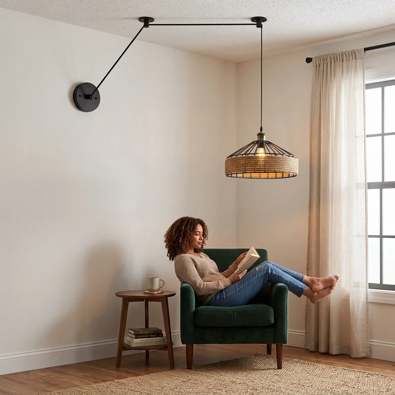 Dezentrale Pendelleuchte Wandanschluss | Hanfseil & Metallkäfig Lampe Ø 30/40cm~3811