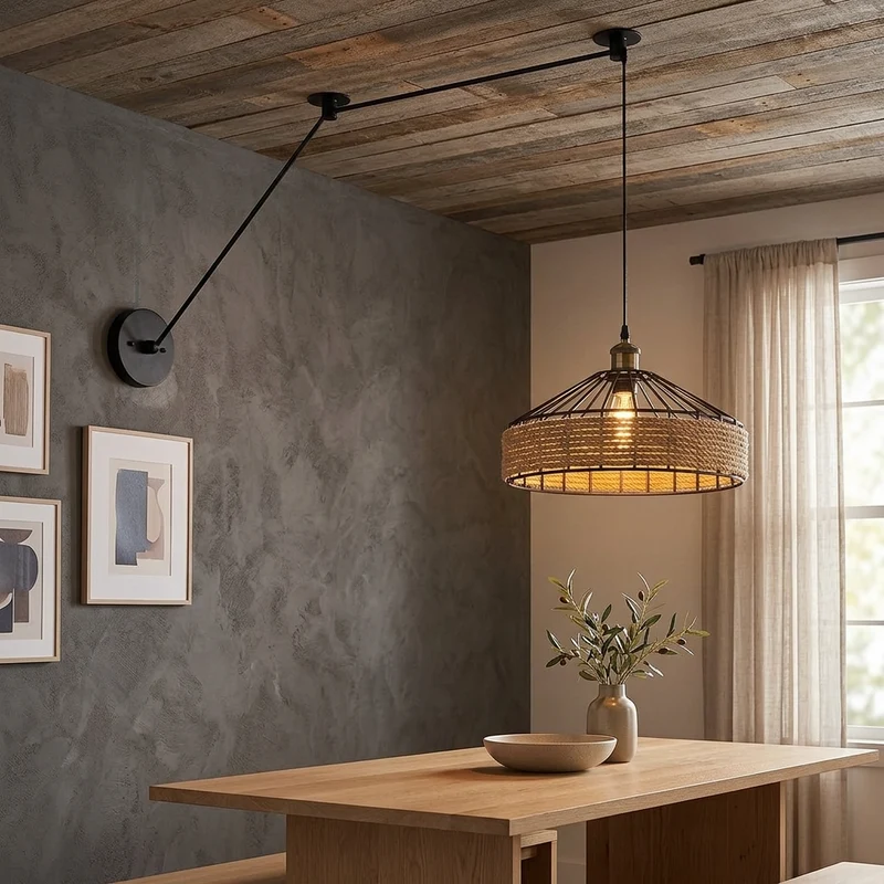 Dezentrale Pendelleuchte Wandanschluss | Hanfseil & Metallkäfig Lampe Ø 30/40cm~3811