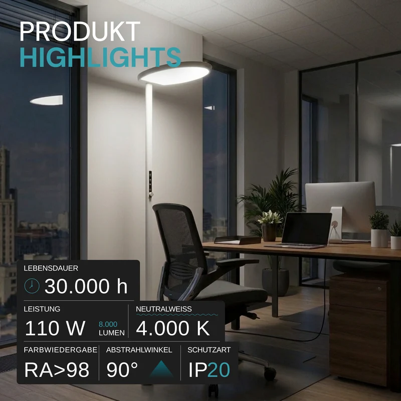LED-Büro-Stehleuchte, Up/Down, 110 W, 8.000 lm, 4.000 K, weiß, UGR<16, dimmbar
