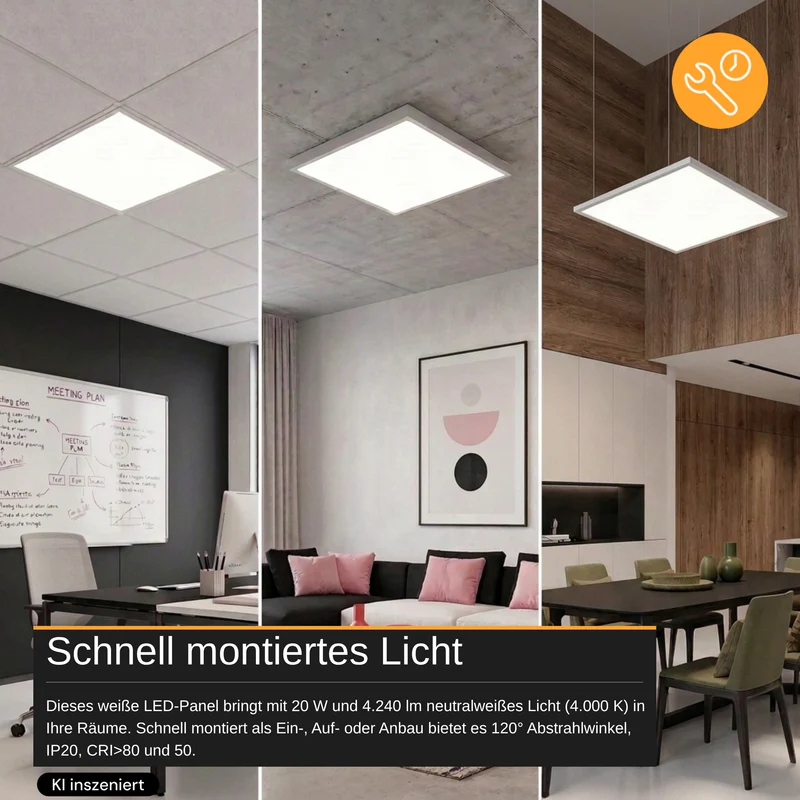 LED-Panel, 20 W, 4240 lm, 4000 K, weiß, 62x62 cm, Energieeffizienzklasse A