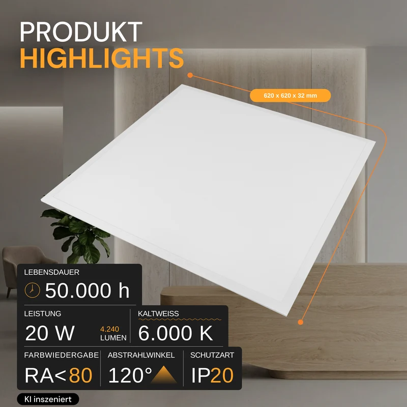 LED-Panel, 20 W, 4240 lm, 6000 K, weiß, 62x62 cm, Energieeffizienzklasse A