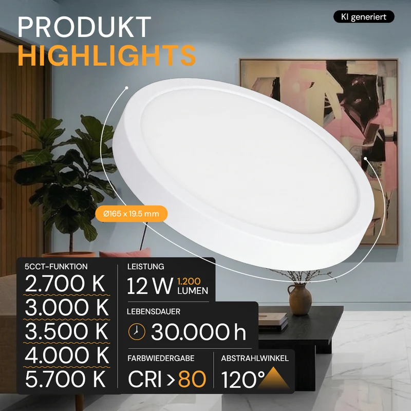 LED CCT Panel, Ein-/Aufbau, Bewegungssensor, 12 W, 1200 lm, Ø165 mm, 5CCT (2700 K– 5700 K), Lochdurchm. variabel, Anschlussbox