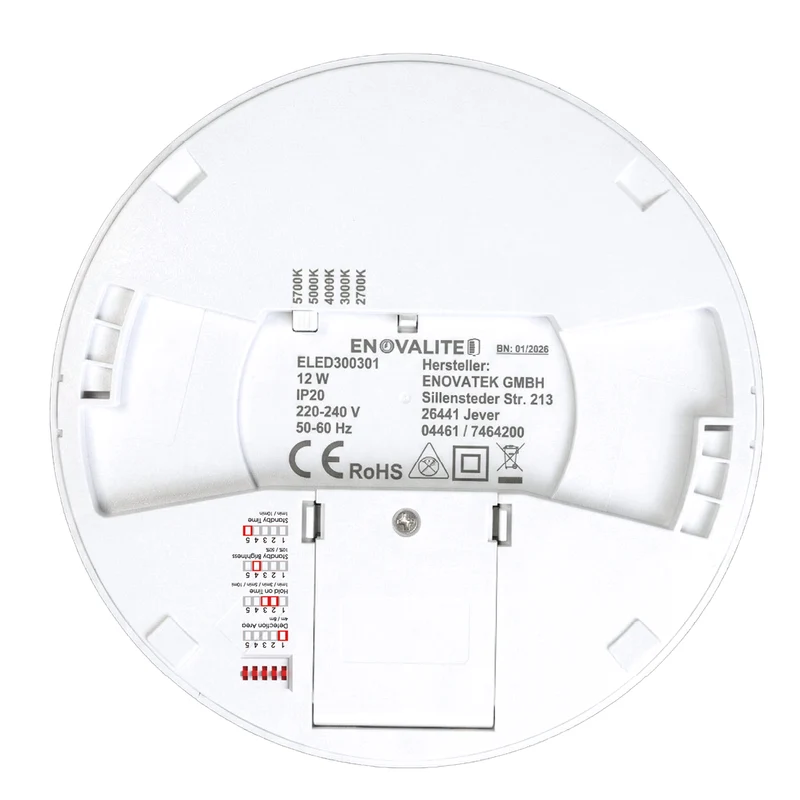 LED CCT Panel, Ein-/Aufbau, Bewegungssensor, 12 W, 1200 lm, Ø165 mm, 5CCT (2700 K– 5700 K), Lochdurchm. variabel, Anschlussbox