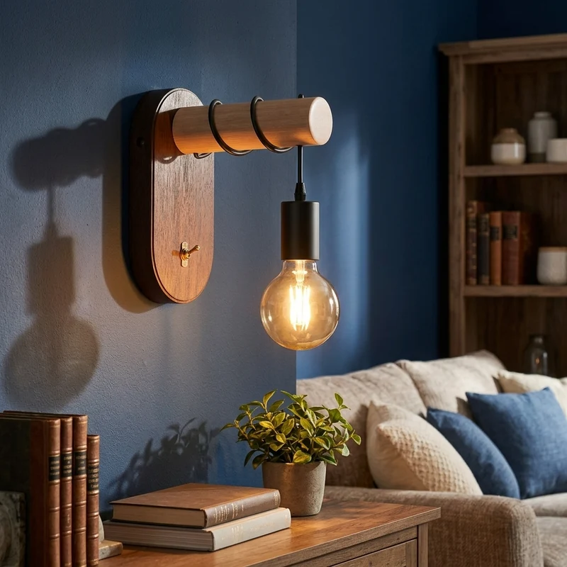 Vintage Wandleuchte Holz mit Kippschalter & E27 Glühbirne Retro Wandlampe~3656