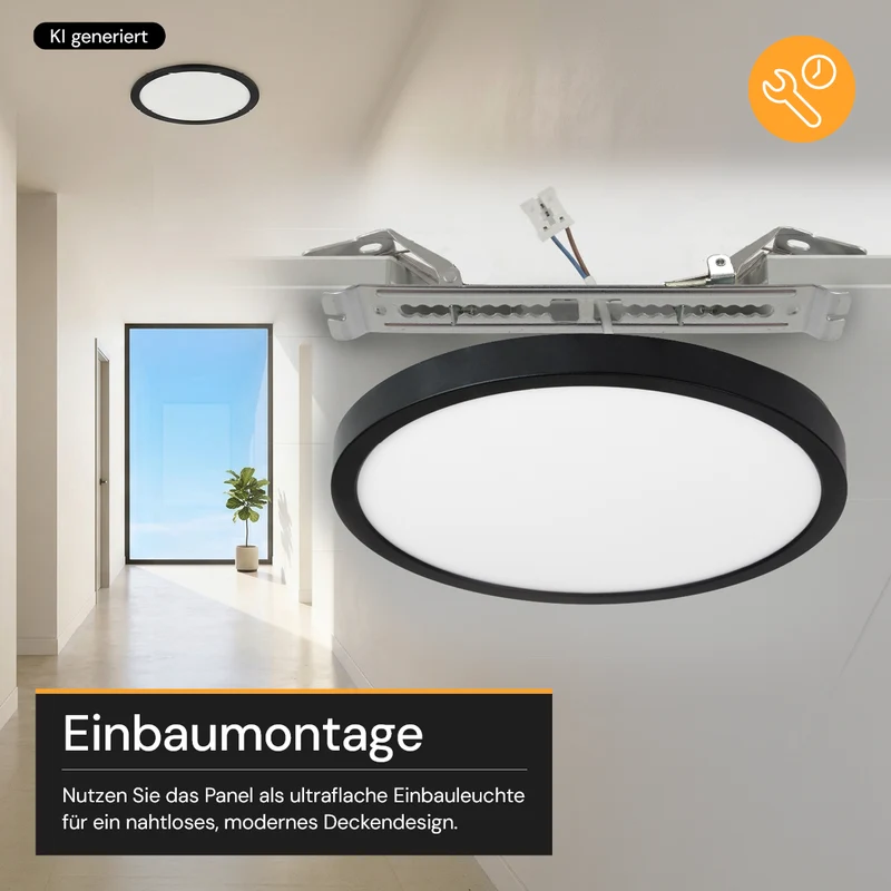 LED CCT Panel, Ein-/Aufbau, Schwarz, Bewegungssensor, 18 W, 1800 lm, Ø215 mm, 5CCT (2700 K– 5700 K), Lochdurchm. variabel, Anschlussbox