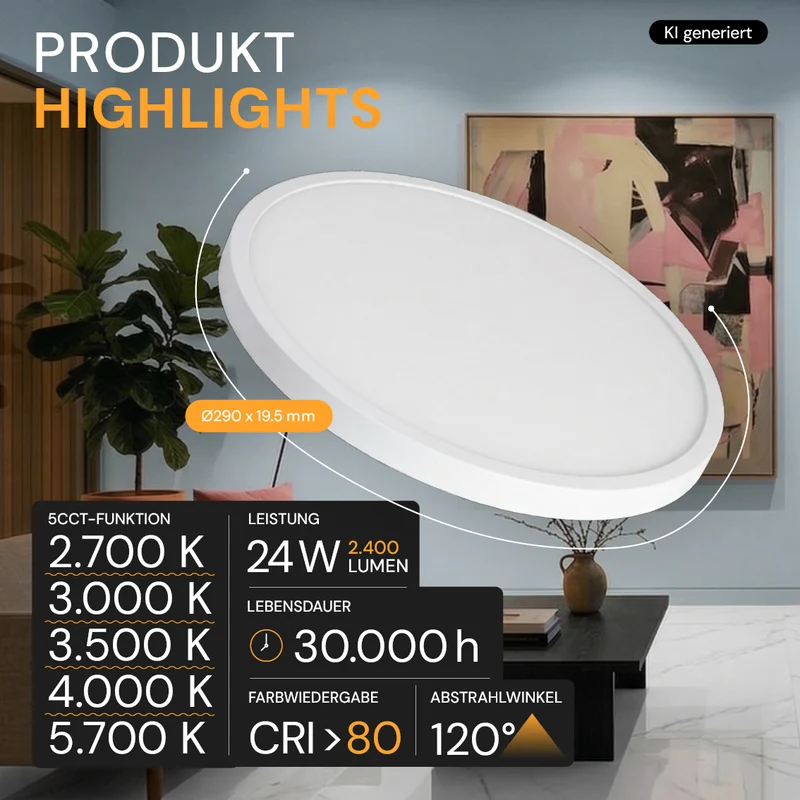 LED CCT Panel, Ein-/Aufbau, Bewegungssensor, 24 W, 2400 lm, Ø290 mm, 5CCT (2700 K– 5700 K), Lochdurchm. variabel, Anschlussbox