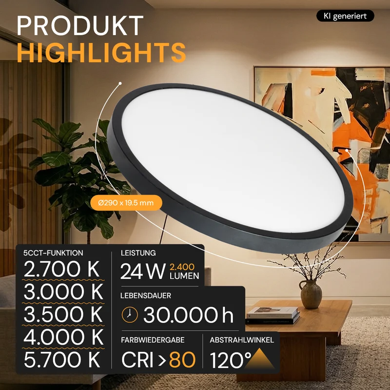 LED CCT Panel, Ein-/Aufbau, Schwarz, Bewegungssensor, 24 W, 2400 lm, Ø290 mm, 5CCT (2700 K– 5700 K), Lochdurchm. variabel, Anschlussbox