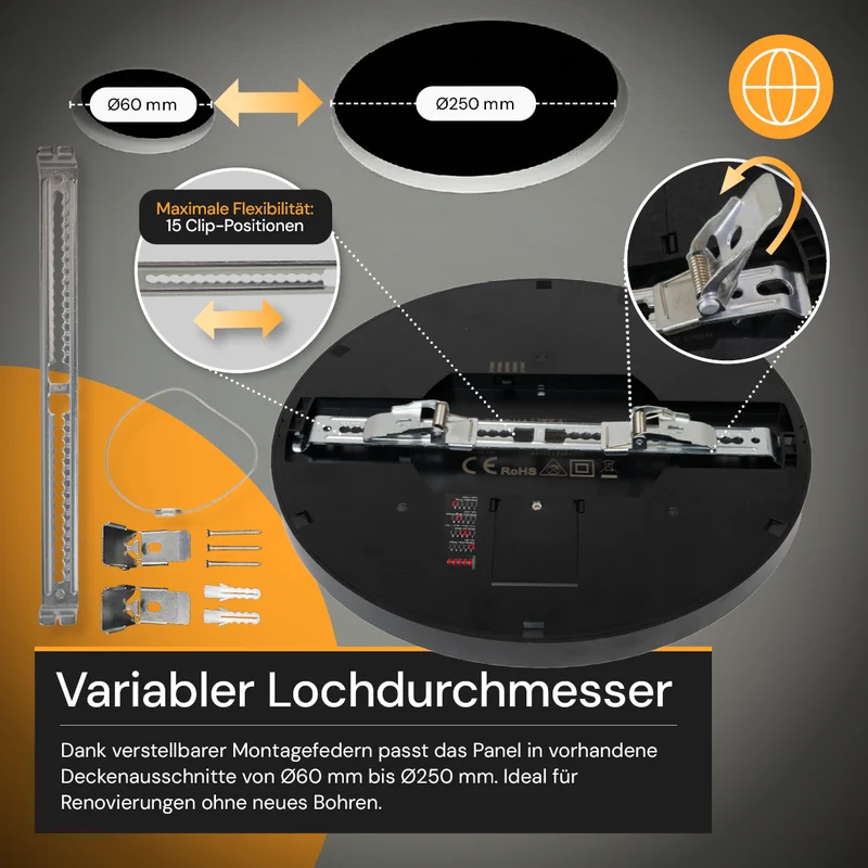 LED CCT Panel, Ein-/Aufbau, Schwarz, Bewegungssensor, 24 W, 2400 lm, Ø290 mm, 5CCT (2700 K– 5700 K), Lochdurchm. variabel, Anschlussbox