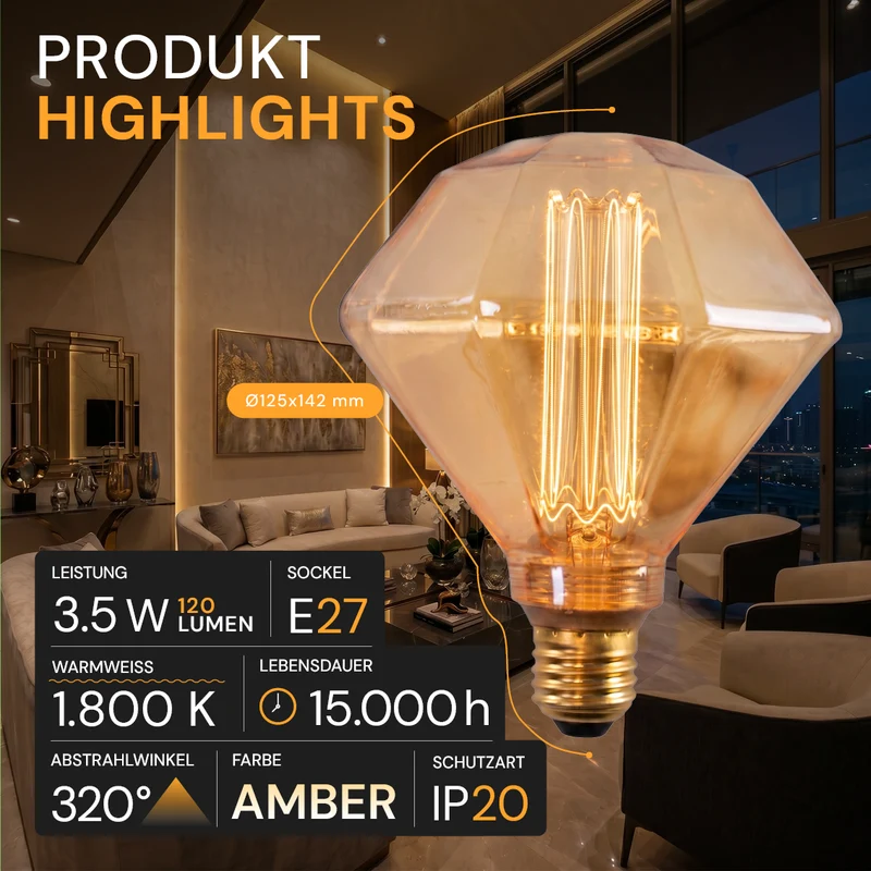 LED Filament Leuchtmittel, DIAMANT, AMBER, D125L, E27, 3.5 W, 120lm, 1800K, dimmbar