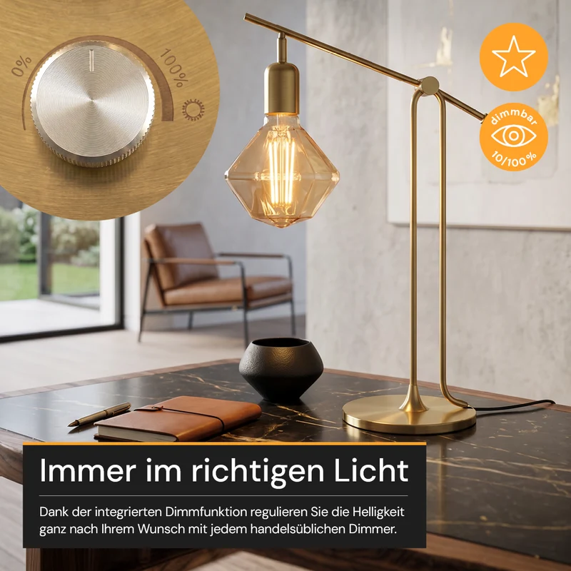 LED Filament Leuchtmittel, DIAMANT, AMBER, D125L, E27, 3.5 W, 120lm, 1800K, dimmbar