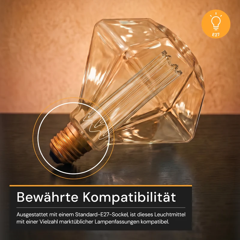 LED Filament Leuchtmittel, DIAMANT, AMBER, D125L, E27, 3.5 W, 120lm, 1800K, dimmbar