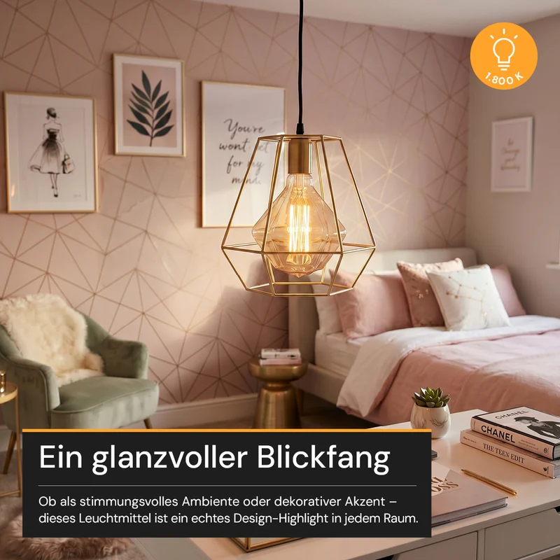 LED Filament Leuchtmittel, DIAMANT, AMBER, D125L, E27, 3.5 W, 120lm, 1800K, dimmbar