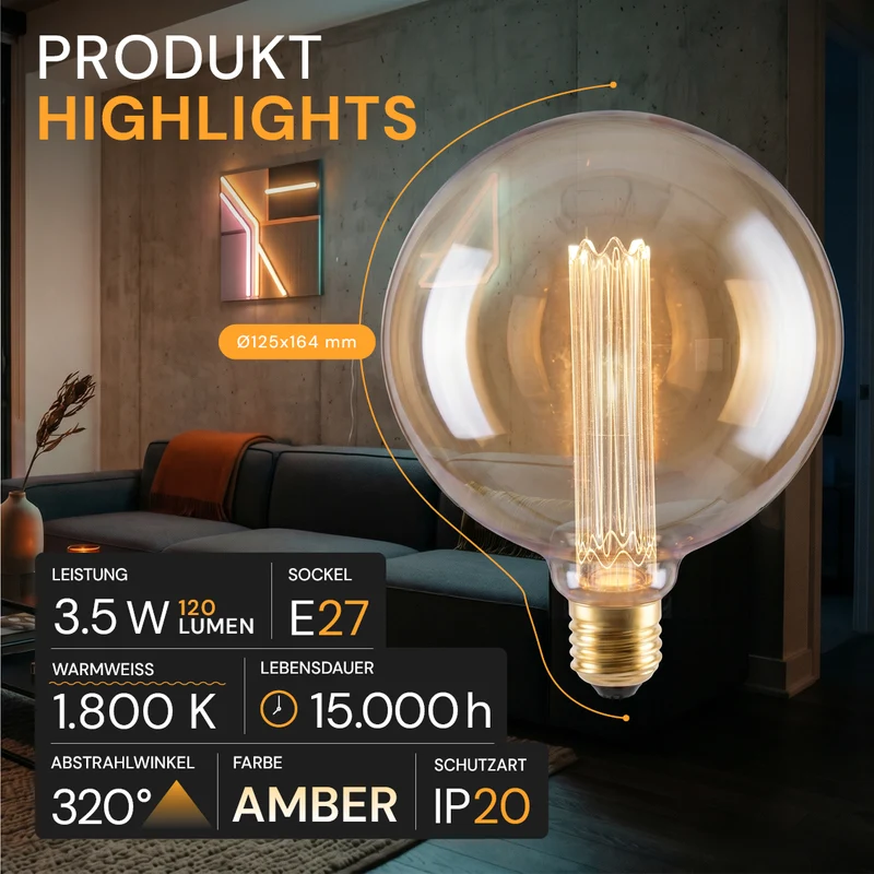 LED Filament Leuchtmittel, RUND, AMBER, G125, E27, 3.5 W, 120lm, 1800K, dimmbar
