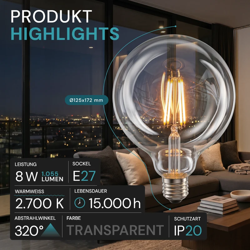 LED Filament Leuchtmittel, BULB, G125, E27, 8 W, 1055 lm, 2700 K, dimmbar