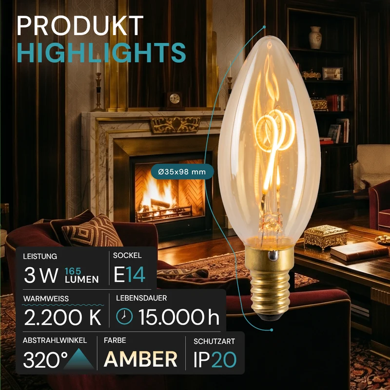 LED Filament Leuchtmittel, Kerze, C35, E14, 3 W, 165 lm, 2200K, dimmbar