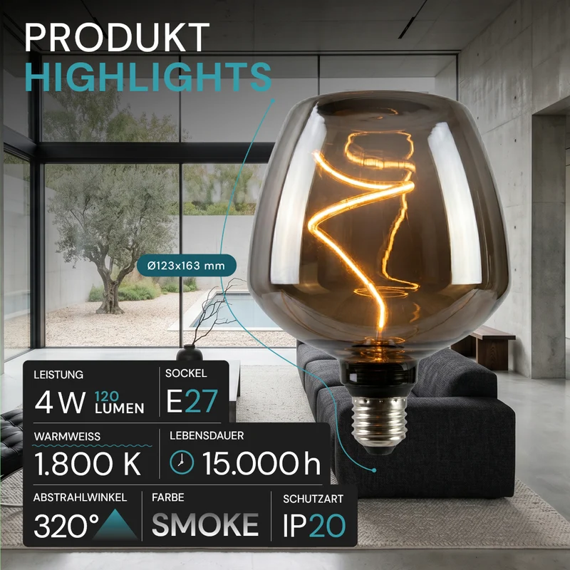 LED Filament Leuchtmittel, Bulbous, BN9, E27, 4W, 120 lm, 1800K, dimmbar