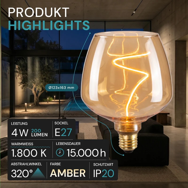 LED Filament Leuchtmittel, Bulbous, BN9, E27, 4W, 200lm, 1800K, dimmbar