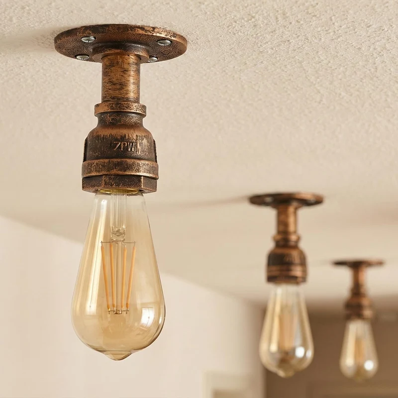 Industrie Flansch Deckenleuchte – Vintage Wasserrohr Steampunk Lampe E27 ~3653