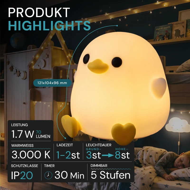 LED-Nachtlicht Küken, 1,7 W, 70 lm, 3000 K, 5-Stufen-Dimmfunktion, 30-Minuten-Timer