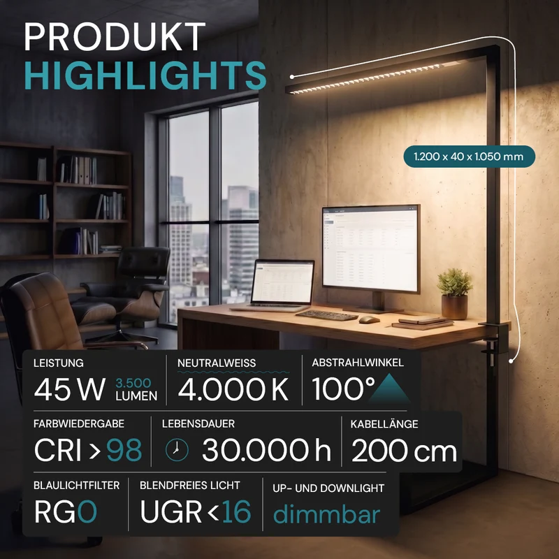 LED Büro-Klemmleuchtel Up/Down, UGR<16, CRI98, dimmbar, 45 W, 1200 x 40 x 1050 mm, 3500 lm, schwarz