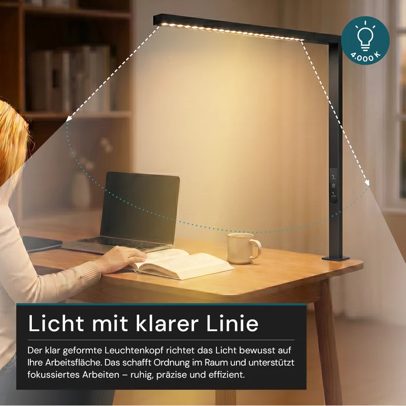 LED Büro-Klemmleuchtel Up/Down, UGR<16, CRI98, dimmbar, 45 W, 1200 x 40 x 1050 mm, 3500 lm, schwarz