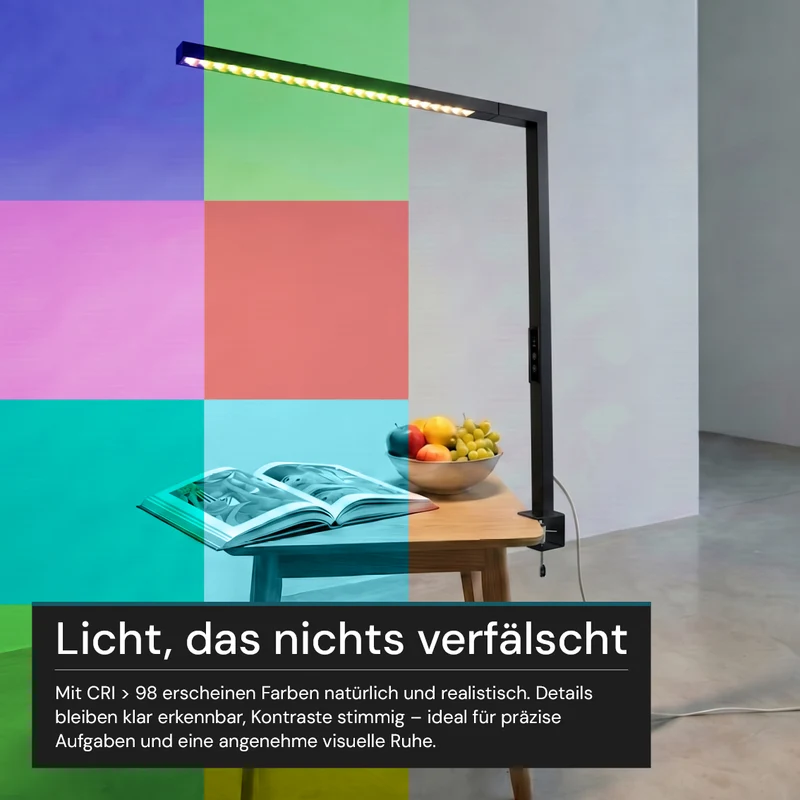 LED Büro-Klemmleuchtel Up/Down, UGR<16, CRI98, dimmbar, 45 W, 1200 x 40 x 1050 mm, 3500 lm, schwarz