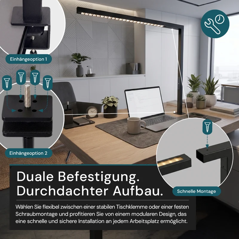LED Büro-Klemmleuchtel Up/Down, UGR<16, CRI98, dimmbar, 45 W, 1200 x 40 x 1050 mm, 3500 lm, schwarz