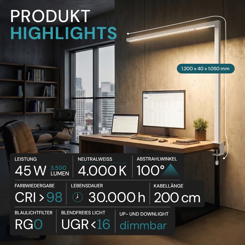 LED Büro-Klemmleuchte Up/Down, UGR<16, CRI98, dimmbar, 45 W, 1200 x 40 x 1050 mm, 3500 lm, weiß