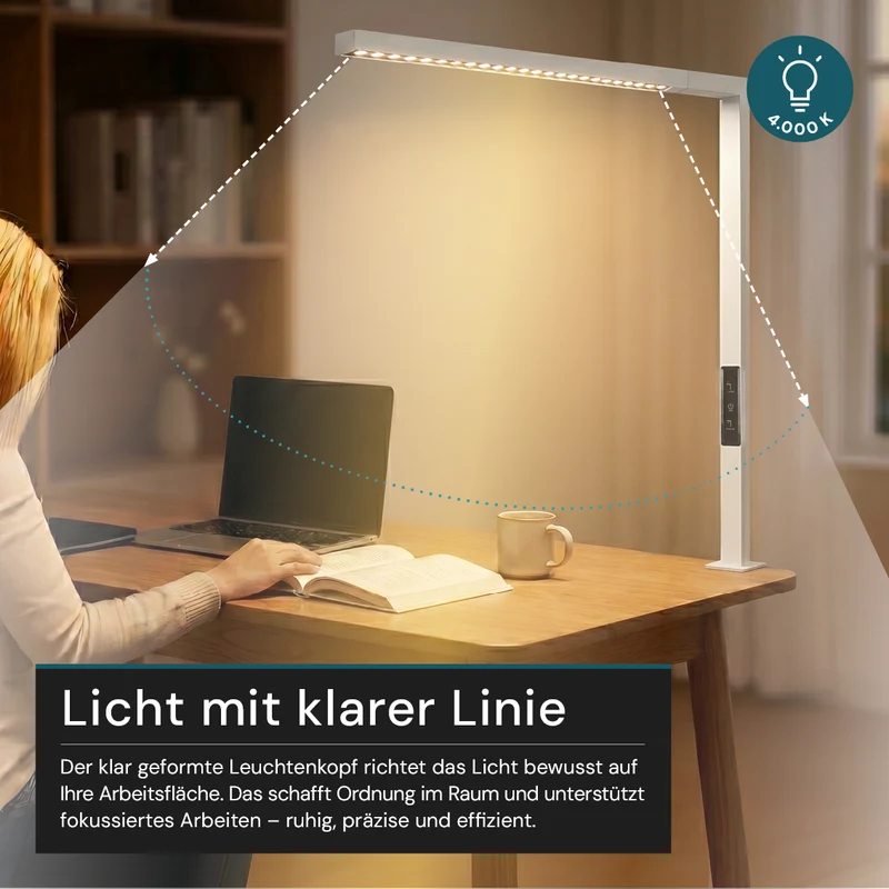 LED Büro-Klemmleuchte Up/Down, UGR<16, CRI98, dimmbar, 45 W, 1200 x 40 x 1050 mm, 3500 lm, weiß