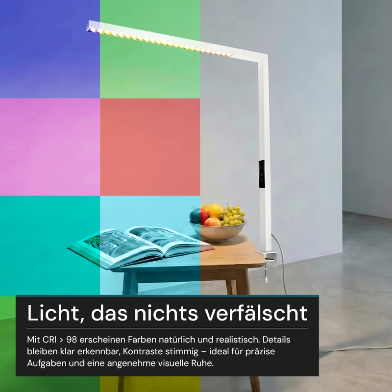 LED Büro-Klemmleuchte Up/Down, UGR<16, CRI98, dimmbar, 45 W, 1200 x 40 x 1050 mm, 3500 lm, weiß