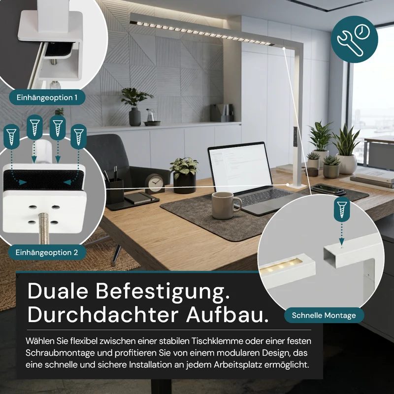 LED Büro-Klemmleuchte Up/Down, UGR<16, CRI98, dimmbar, 45 W, 1200 x 40 x 1050 mm, 3500 lm, weiß