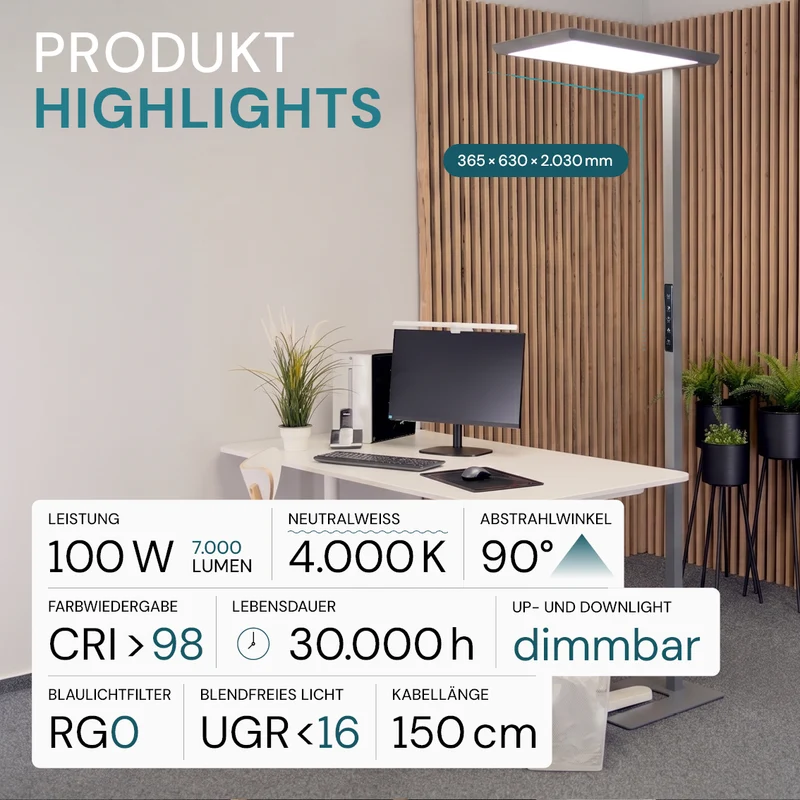 LED Büro-Stehleuchte, Up/Down, in Grau, 100 W, 7000 lm, 4000 K (neutralweiß), UGR<16, CRI98, dimmbar, RG0, Bridgelux LED, Arbeitsplatzleuchte